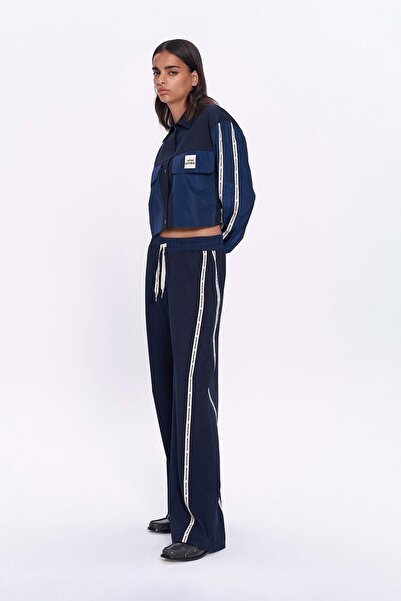 Quzu Striped Detail Women's Canvas Trousers 710088 Navy Blue