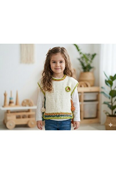 Evitle El Örgüsü Kız Çocuk Yandan Bağcıklı Çiçekli Süveter (2-3 Yaş)