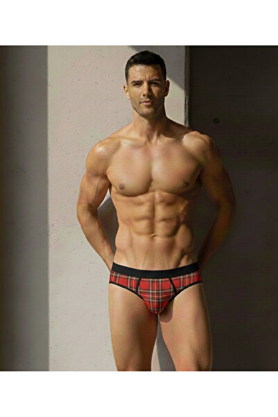 Don Moris Erkek Kırmızı Ekose Desenli Slip Külot - Klasik Kesim Pamuklu ve Es...