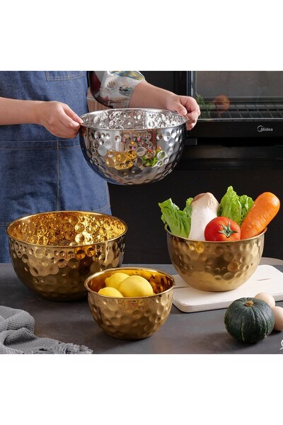 Qerhome وعاء خلط ذهبي من الفولاذ المقاوم للصدأ على الطراز الكوري مكون من 3 قط...