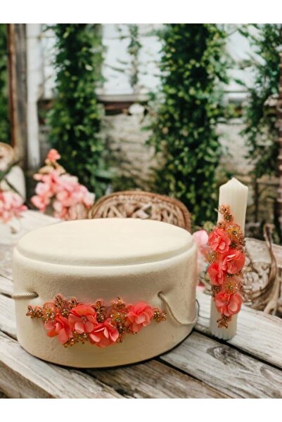 Inovius Baptism Set with 8 Pieces + Velvet Box + Candle - Orange Flowers - TB904