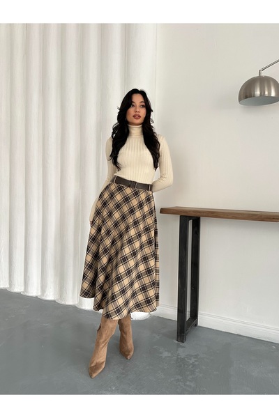 MODAMERSİ Women's Beige Plaid Skirt with Belt Detail