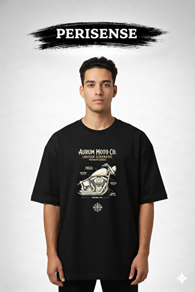 PERISENSE تي شيرت للجنسين من Cruiser Motorcycle BLUEPRINT مطبوع Premium Combe...