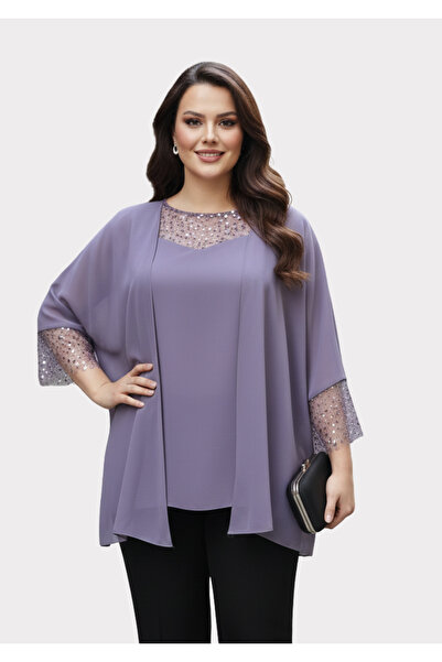 LİLAS XXL Büyük Beden Lavanta Renkli Şifon Ceketli Abiye Bluz