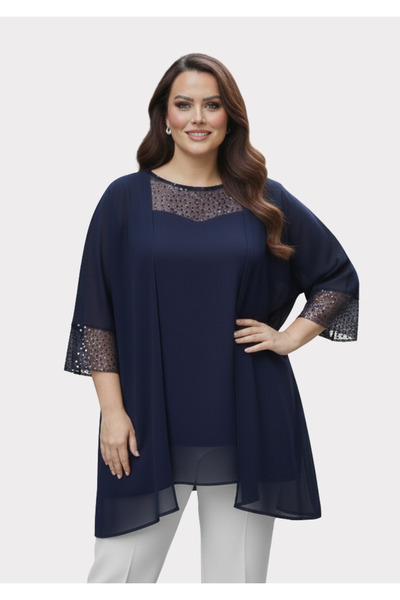 LİLAS XXL Büyük Beden Lacivert Renkli Şifon Ceketli Abiye Bluz