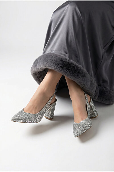 LUVİANO Women's Silver Pointed Toe Glittery Heeled Shoes