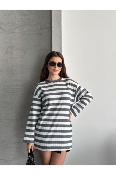 eyyebelle Women's Crew Neck Long Sleeve Striped Tunic