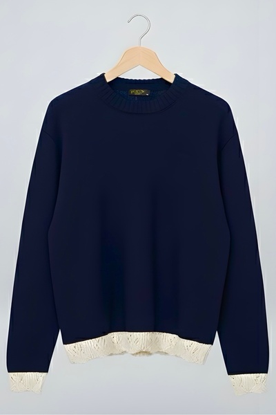 İmajButik Pulover tricotat cu guler rotund mâneci și detaliu din guipur la ti...