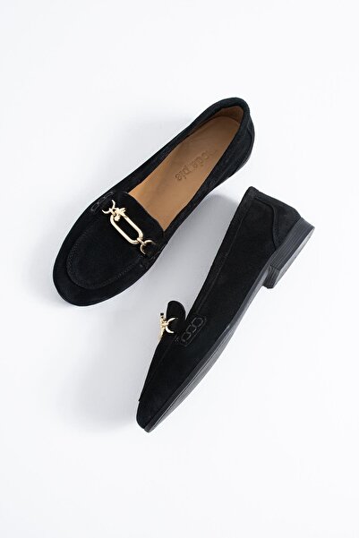 Moda Pie Drenste Arma Buckle Genuine Leather Women's Ballerinas Black Suede