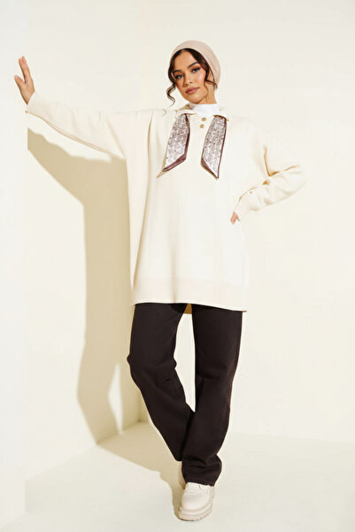 FERHEL Scarf Detailed Shirt Collar Knitwear Tunic Sweater