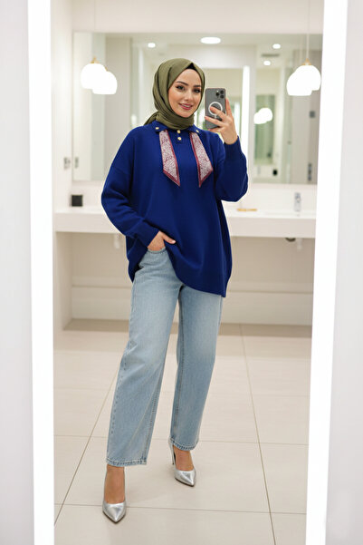 FERHEL Scarf Detailed Shirt Collar Knitwear Tunic Sweater