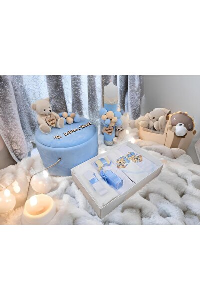 Inovius Set Trusou Botez si Lumanare, 9 Piese, cu Ursulet, Baby Blue, din Cat...