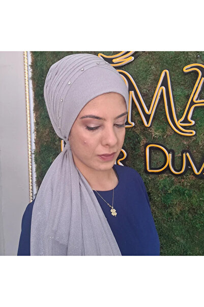 semahazırduvak Açıkgri Taş Detaylı model hazır türban hazır şal abiye şal