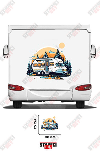 STİCKERCI BEY ملصق كرافان مرئي يصور الشمس الغروب والكرفان يقف بين الأشجار