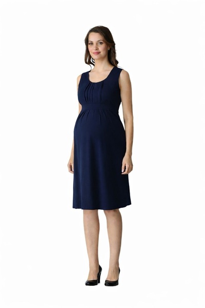 Desen Hamile Giyim Lacivert Pile Detaylı Kısa Hamile Elbise