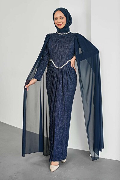 İmajButik Navy Blue Evening Dress with Cape Detail and Stone Embellishments a...