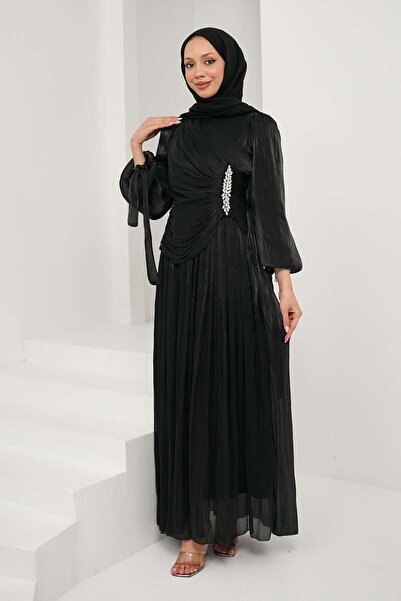 İmajButik Rochie de seară neagră cu cu pietre aplicate mâneci și legături în ...