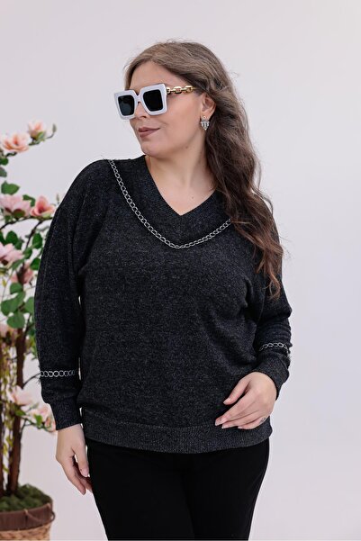 Siyezen Plus Size V-Neck Tassel Detailed Sweater