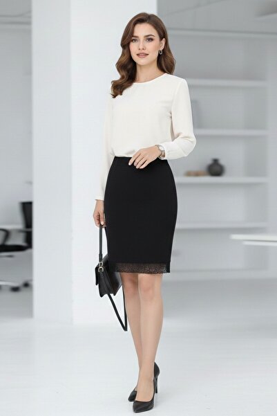 Kübra Tekstil Women's Black Pencil Skirt High Waist Straight Cut Ruched Soft ...