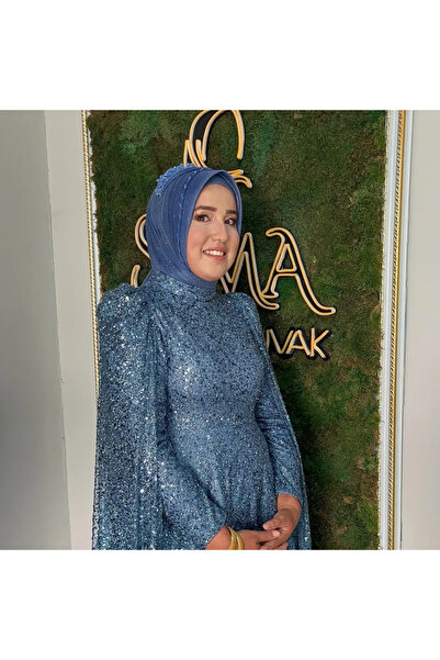 semahazırduvak indigo simli taş detaylı taçlı model hazır türban hazır şal ab...