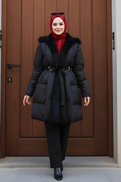 İmajButik Black Collar Fur Belt Detailed Puffer Coat