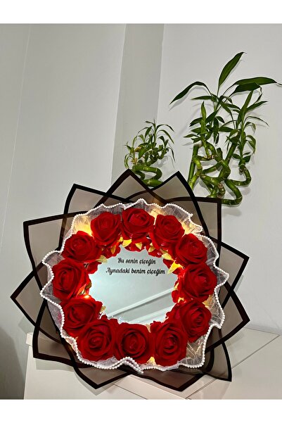 Gül Işıklı İnci Tüllü Kırmızı Buketi Aynalı Doğum Günü Sevgililer Günü Hediye...