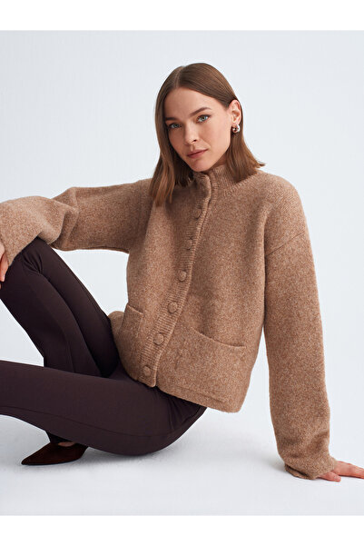 Dilvin 60995 Mock Neck Button Knitwear Cardigan-Beige Me.
