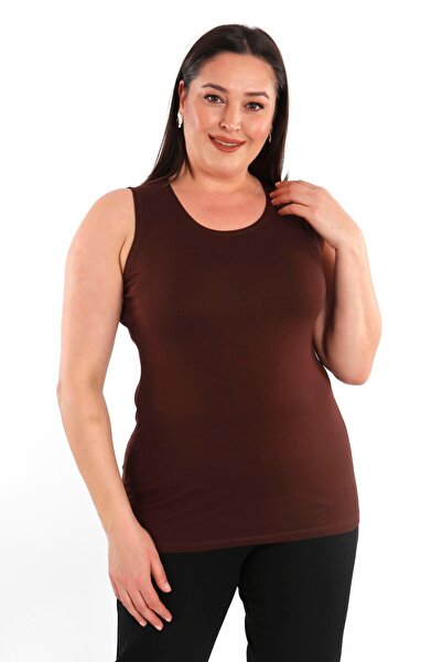 SERTUĞ Великий розмір Широкі бретелі Базова коричнева блузка (футболка)