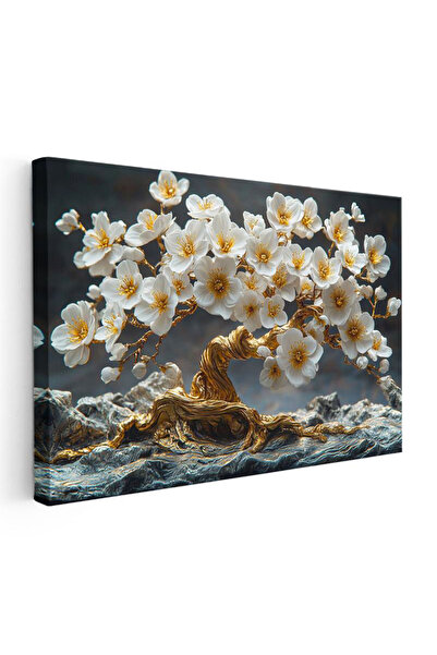 Tablofest Yatay Kanvas Tablo Kayalar Üzerinde Altın Çiçekli Ağaç Çiçek Tablos...
