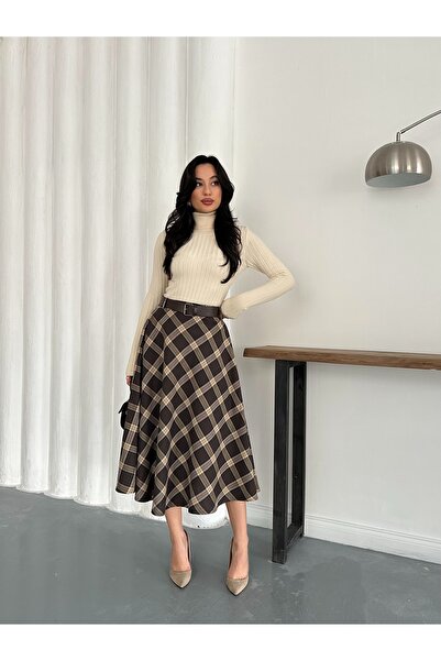 LE CARAMBOLE Fusta în carouri cu detaliu curea maro pentru femei
