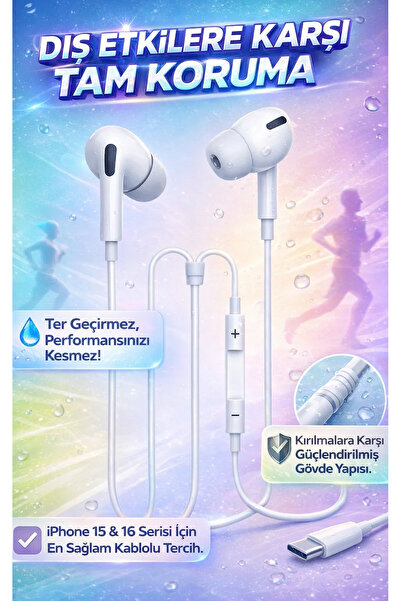 FaroxTech Kırılmaya Dayanıklı Kablolu Kulaklık - Type-C Girişli Tere Dayanıkl...