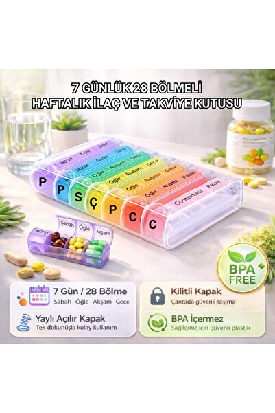 Polham 7 Günlük 28 Bölmeli Kilitli İlaç ve Takviye Kutusu l Yaylı Kutulu l BP...