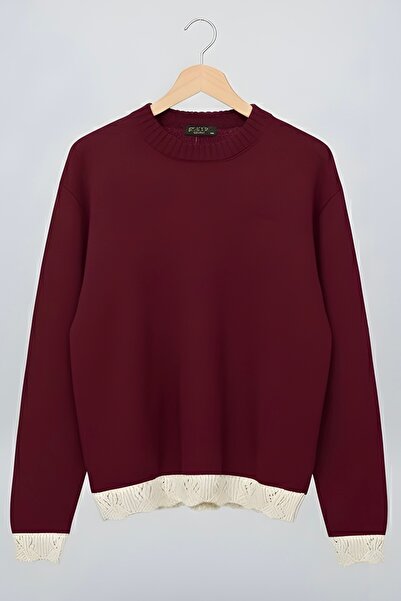 İmajButik Burgundy Crew Neck Knit Sweater with Guipure Detail on Sleeves and Hem