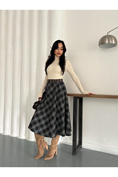 LE CARAMBOLE Γυναικεία καρό φούστα με μαύρη ζώνη και λεπτομερείς τσέπες