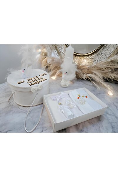 Inovius Set Trusou Botez si Lumanare, 9 Piese, cu Lebada, Alb, din Catifea - ...