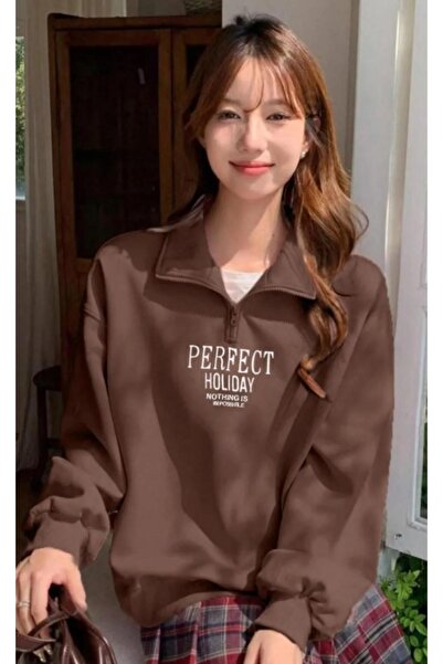 MODAGEN Kadın Kahverengi Perfect Baskılı Yarım Fermuarlı Oversize Sweatshirt