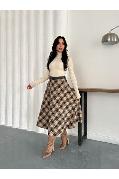 LE CARAMBOLE Women's Beige Belt Detailed Plaid Skirt with Pockets