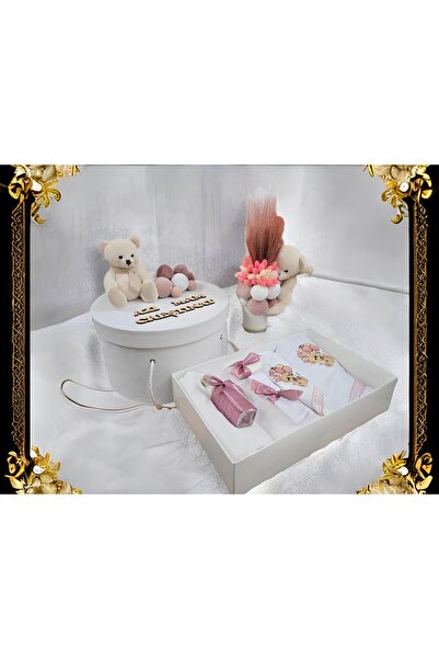 Inovius Σετ βάπτισης και κεριών, 9 τεμάχια, με αρκουδάκι, λευκό και ροζ, βελο...