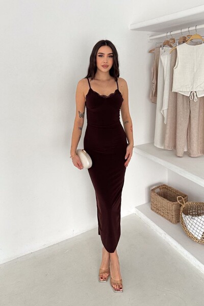 The Robi Women's Brown Strappy Lace Detailed V-Neck Slit Midi Dress