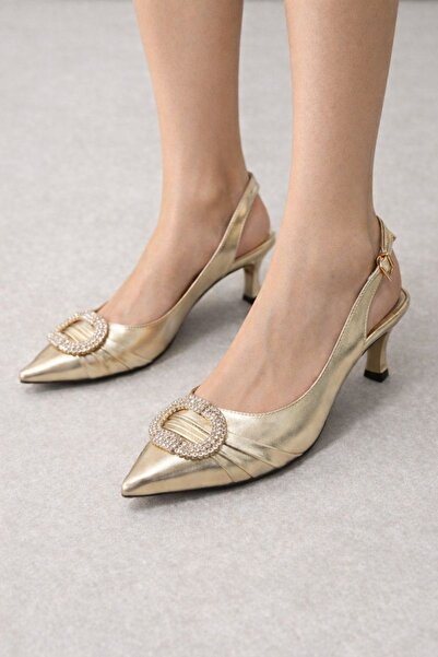 defile ayakkabi Kadın Gold Taş Tokalı Sivri Burun Kısa Topuklu Ayakkabı
