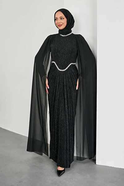 İmajButik Black Evening Dress with Cape Detail and Stone Embellishments at th...