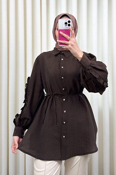 Salih Çelebi Ruffle Sleeve Detailed Shirt 0061 - Brown