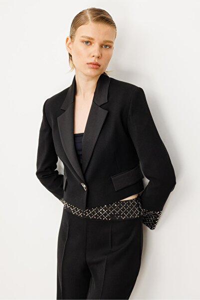 Moda İlgi Modailgi Kol Manşeti Taşlı Tek Düğme Krop Ceket - 40053 Siyah
