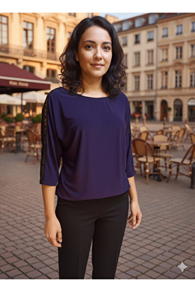 izmoda Sandy Yarasa Kol Kolu Dantel Garnili Esnek Bluz