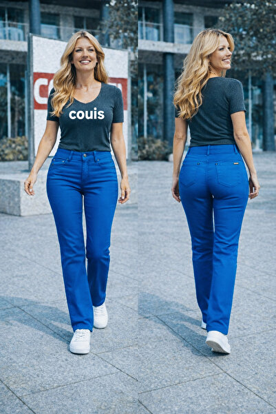 couis High Waist Elastic Waist Cobalt Blue Pipe-Leg Stretch Fabric