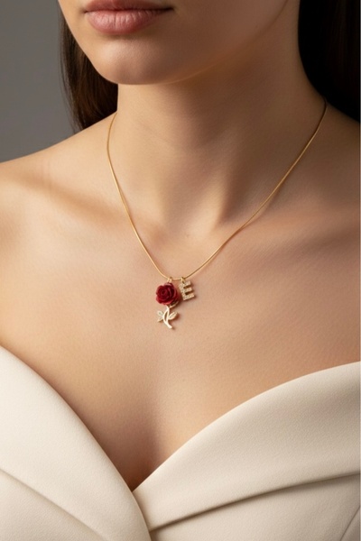 acc swen Letter Rose Necklace Tarnish Free Steel Red Rose Necklace