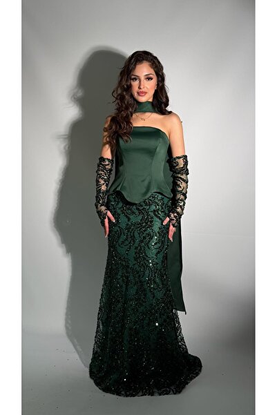 AYŞENUR DİNÇER Meliora Kuşaklı Eldiven Detaylı Abiye Zümrüt Yeşili