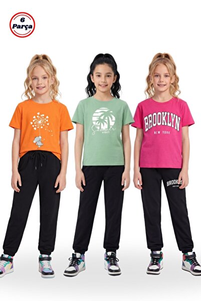 FYK COLLECTİON 3-Piece Assorted Print Detailed Crew Neck Girls' 6-Piece Top a...