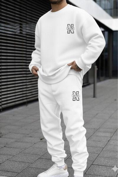 CAST COLLECTİON Ανδρικό λευκό σετ φόρμας με στάμπα New York και λαιμόκοψη ποδ...