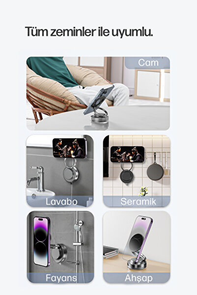 Enkado Magsafe Vakumlu Telefon Tutucu 360° Dönebilen Ayarlanan Araç İçi Stand Masa Cam Duvar Sabitleyici